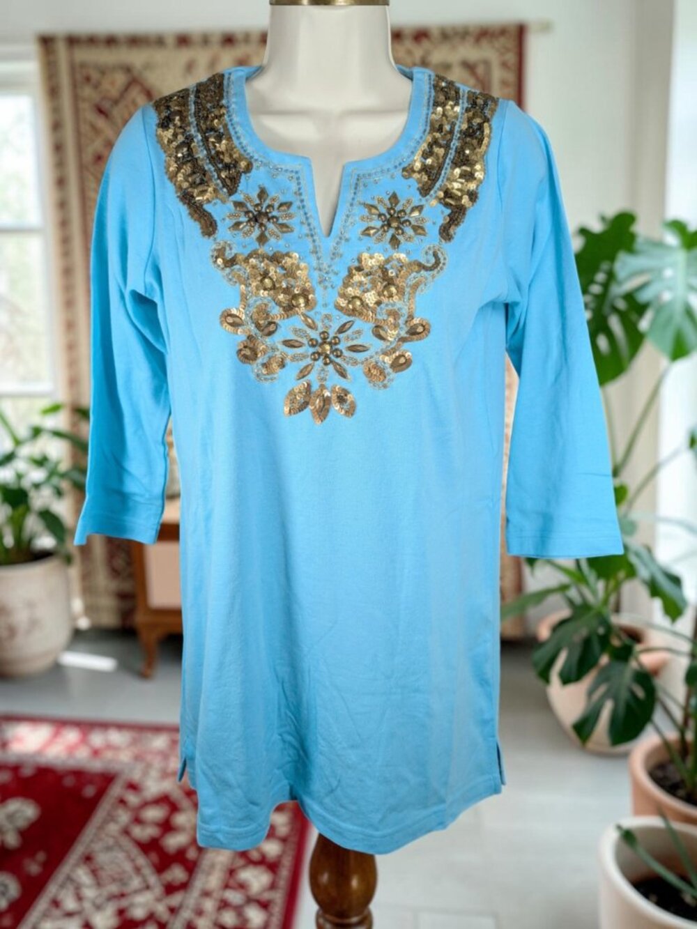 NEW Quacker Factory XXS Blue Knit Tunic Top Boho Gold Sequin Bead Embellished